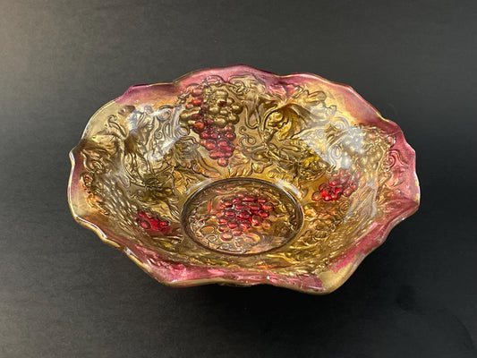 Antique Goofus Glass Dish, Enamel Painted Gold and Red Grape and Leaves
