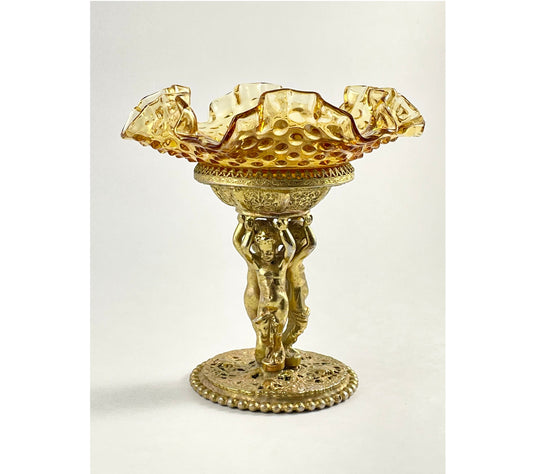 Fenton Ruffled Amber Hobnail Pedestal Dish on Ornate Gold Painted Metal Stand
