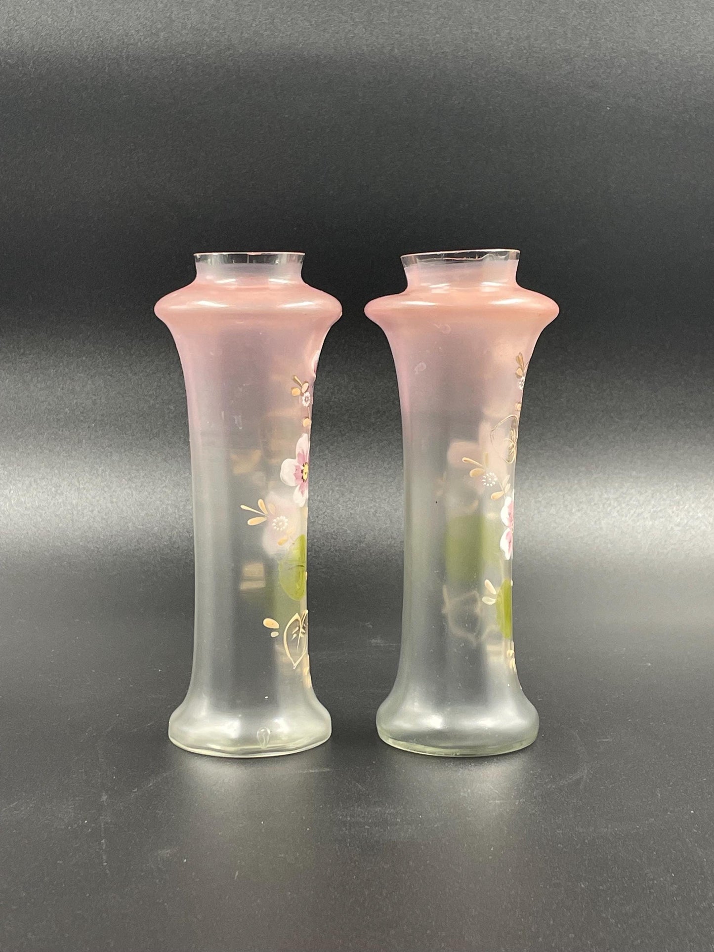 Two Antique Handpainted Floral Glass Vases