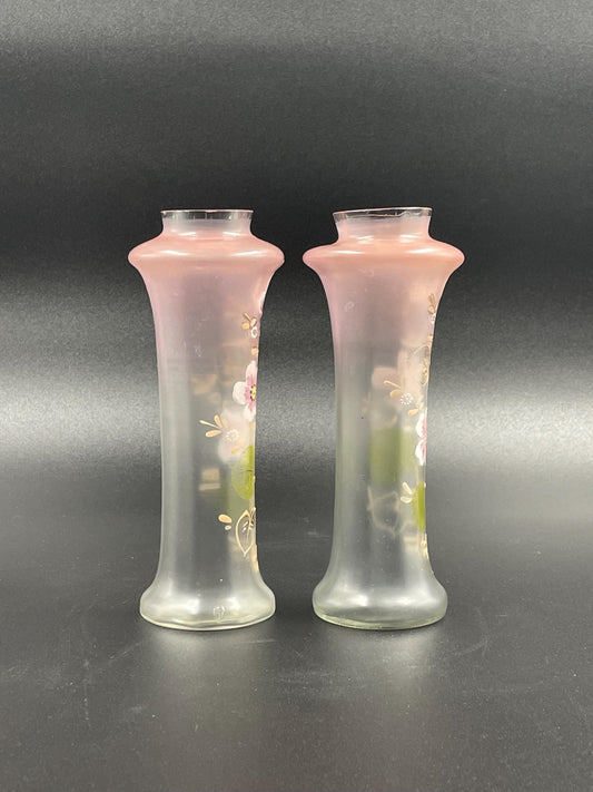 Two Antique Handpainted Floral Glass Vases
