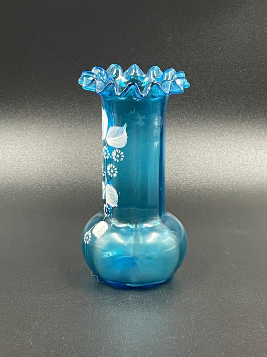 Antique Handblown Glass Blue Paneled Vase, White Enamel Floral Motif, Crimped Rim