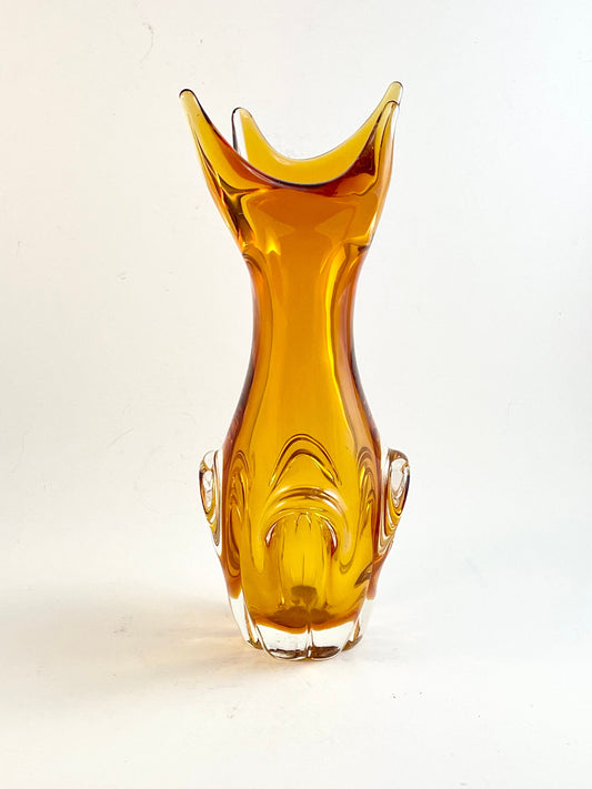 Lorraine Amber Art Glass Vase 11", Vintage Canadian Art Glass ca. 1962-1974