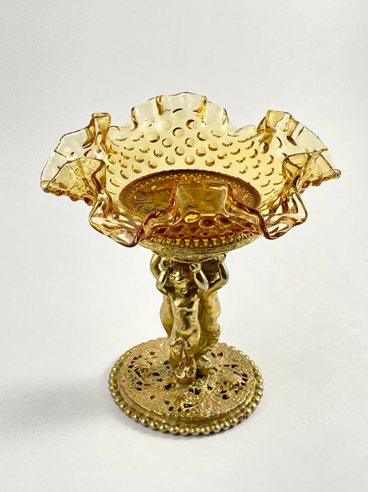 Fenton Ruffled Amber Hobnail Pedestal Dish on Ornate Gold Painted Metal Stand