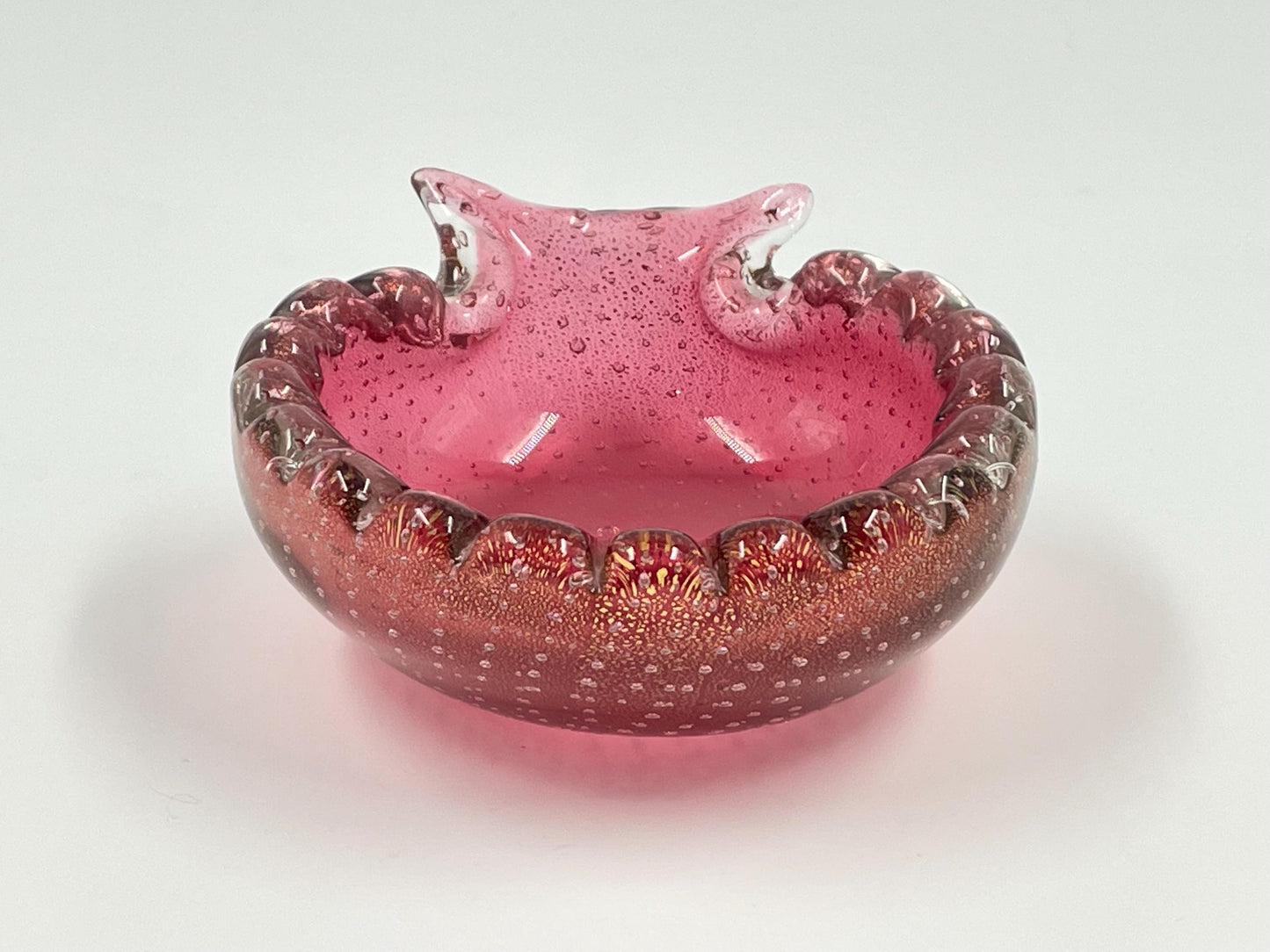 Small Murano Cranberry Candy Trinket Dish, Italian Bullicante Aventurine Art Glass