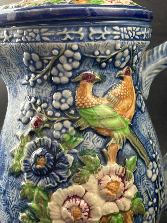 Japan Hand-painted Majolica Lidded Pitcher/Jug With Florals and Birds