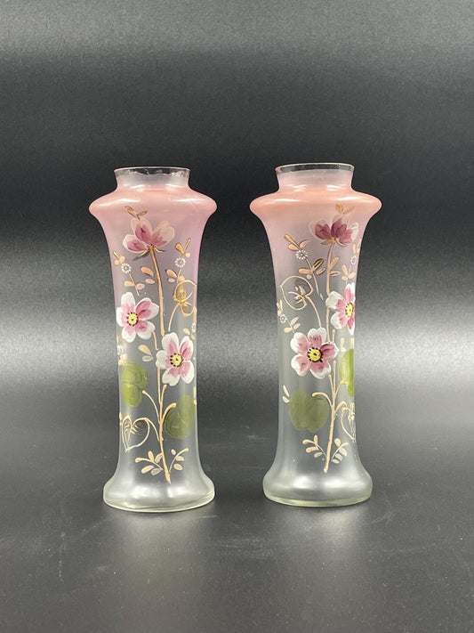 Two Antique Handpainted Floral Glass Vases