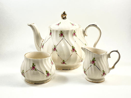 James Sadler 2790 Rosebud Teapot Creamer Sugar Set, Vintage 1940s Tea Set, Made in England