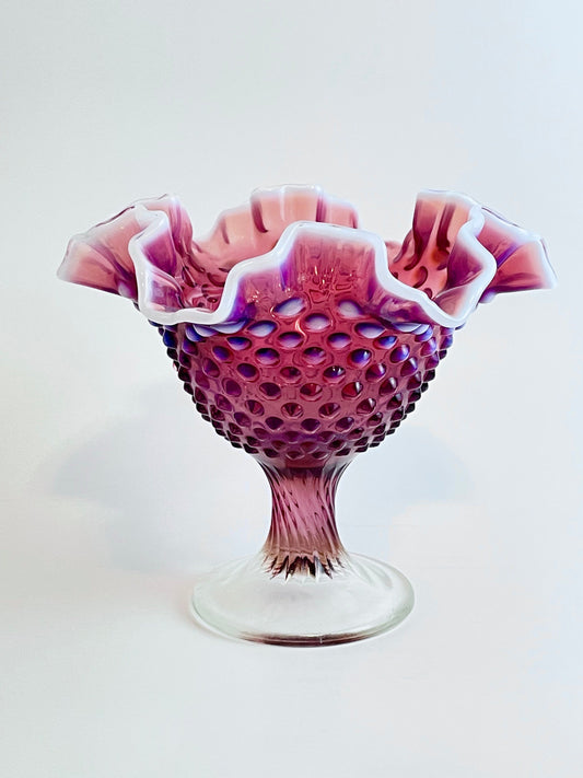 Fenton Opalescent Plum Hobnail Compote with Crimped Ruffled Rim, Fenton Hobnail Pedestal Bowl, 1959-1962