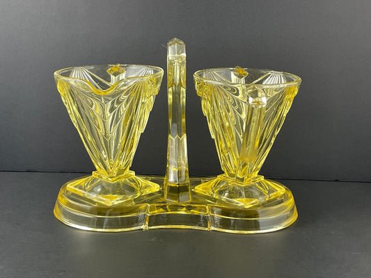 Indiana Glass Art Deco Pyramid Creamer Sugar with Tray Yellow Depression Glass 1926-1932