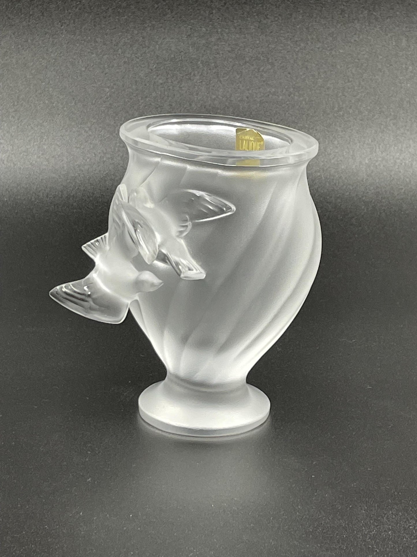 Lalique "Rosine" Flying Doves Frosted Crystal Vase, Signed Lalique (R) France With Sticker