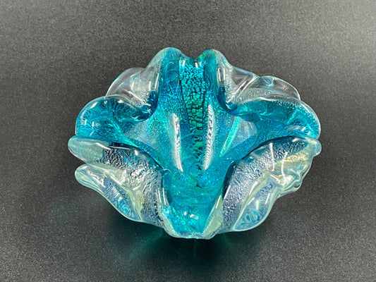 Small Italian Murano Silver Aventurine Aqua Blue Ashtray Trinket Dish