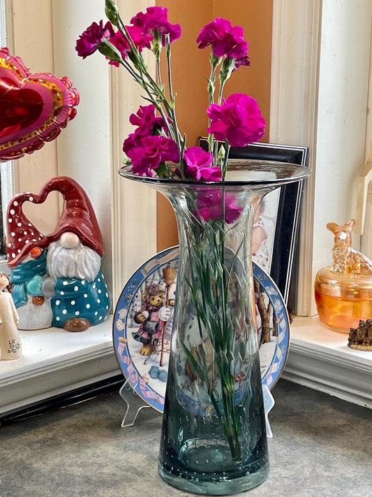 Large Charcoal Gray Bullicante Art Glass Vase, Wide Flared Top Handblown Glass Vase with Controlled Bubbles