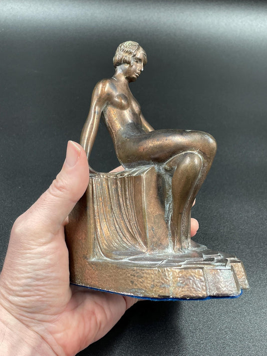 Nude Figure Seated Pose Art Deco Metal Bookends, Made in USA, 1930s