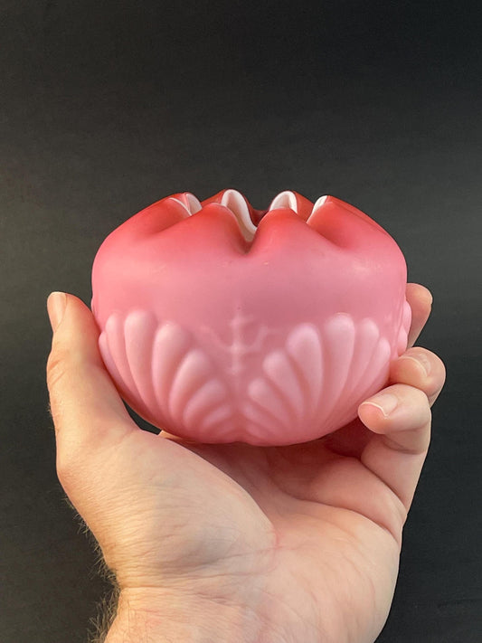 Antique Pink Satin Glass Rose Bowl Vase, Clam Shell Pattern