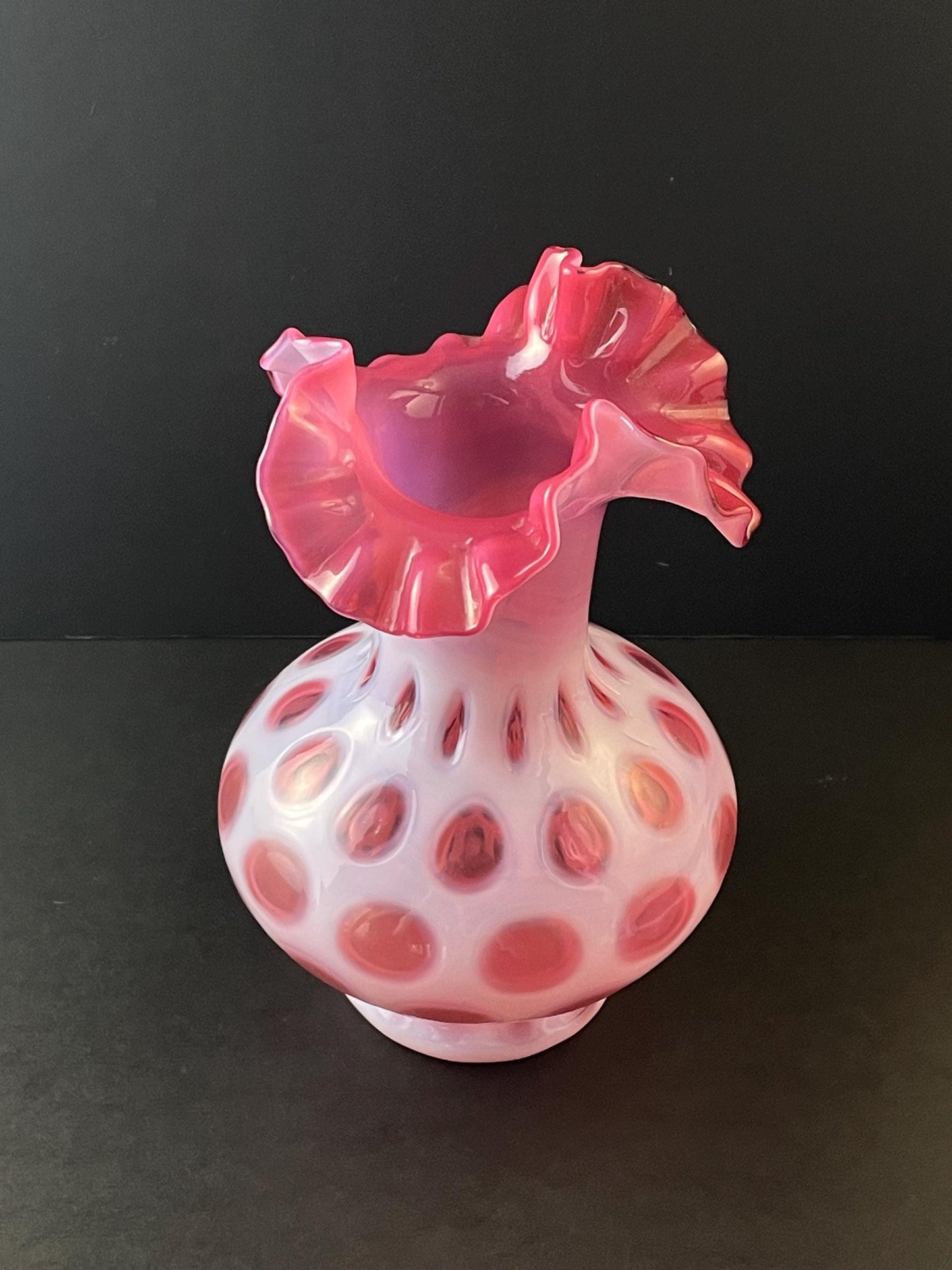 Fenton Cranberry Coin Dot Vase 7-1/4" #1457 Crimped Ruffled Rim