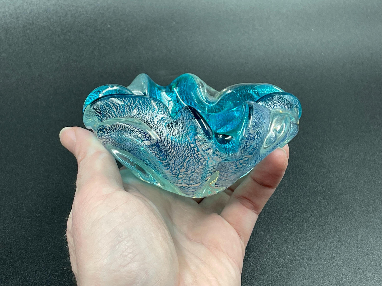 Small Italian Murano Silver Aventurine Aqua Blue Ashtray Trinket Dish