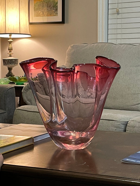 Large Chalet Cranberry Hankerchief Fazzoletto Vase, Etched Chalet Art Glass Vase, 1960s