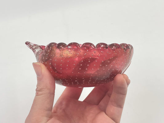 Small Murano Cranberry Candy Trinket Dish, Italian Bullicante Aventurine Art Glass