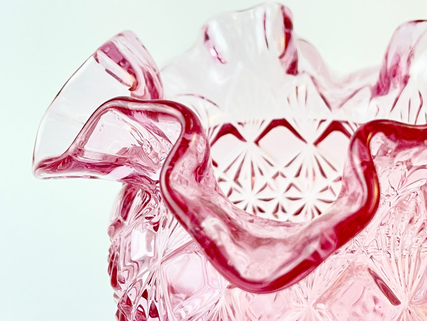 Fenton Lavender Pink Bowl Vase with Sticker, Diamond Pattern, Crimped / Ruffled Rim, Circa 1990s