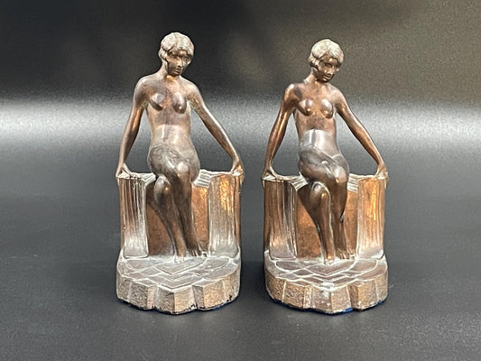 Nude Figure Seated Pose Art Deco Metal Bookends, Made in USA, 1930s