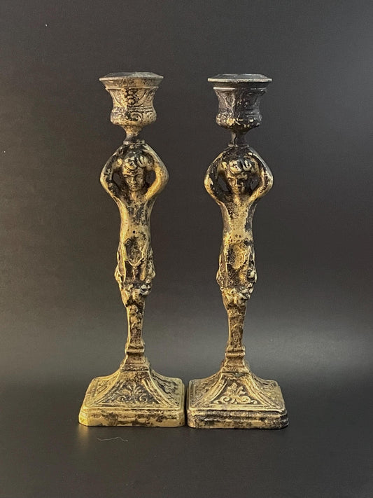 Two (2) Brass Cherub Fleur-de-Lys Candlestick Holders 7-1/4"