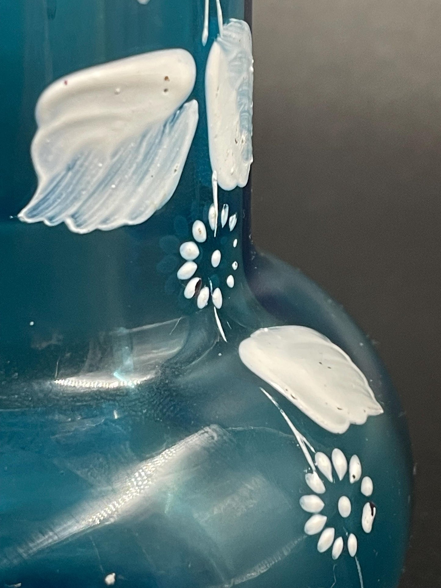 Antique Handblown Glass Blue Paneled Vase, White Enamel Floral Motif, Crimped Rim