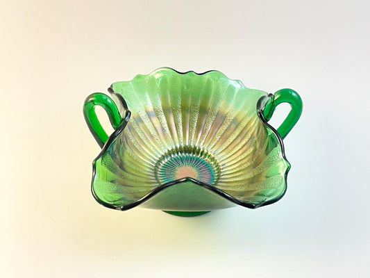 Fenton Stippled Rays Green Carnival Candy Dish