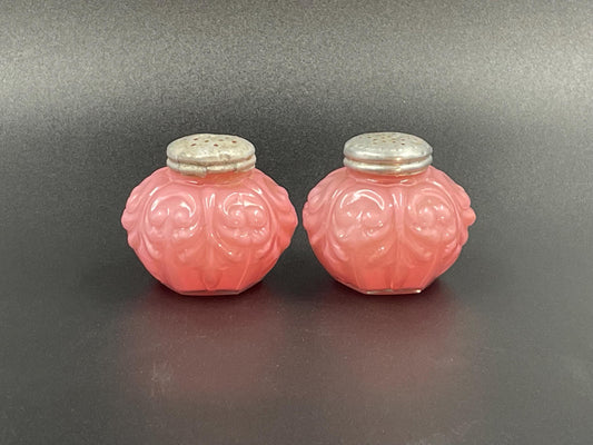 Victorian EAPG Cased Pink Salt and Pepper Shakers, Consolidated Lamp & Glass Co, Low Scroll Pattern c1894