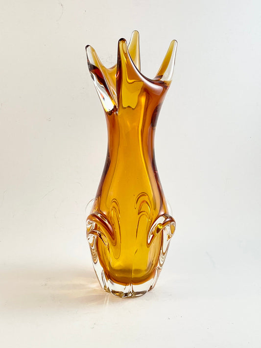 Lorraine Amber Art Glass Vase 11", Vintage Canadian Art Glass ca. 1962-1974