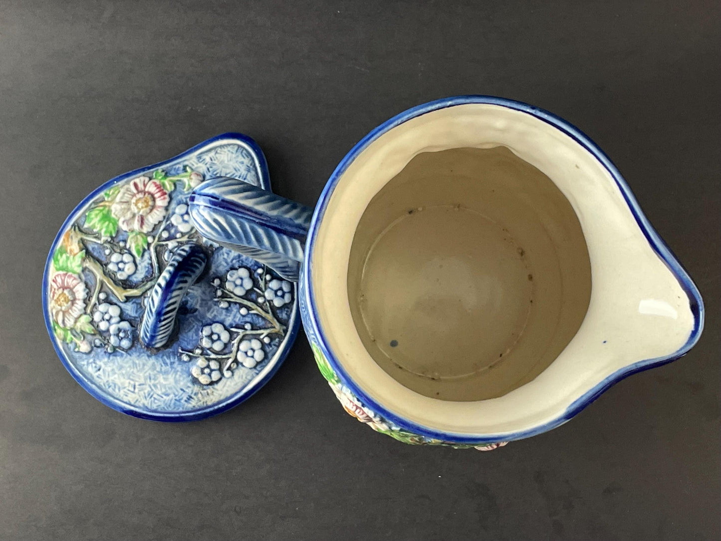 Japan Hand-painted Majolica Lidded Pitcher/Jug With Florals and Birds