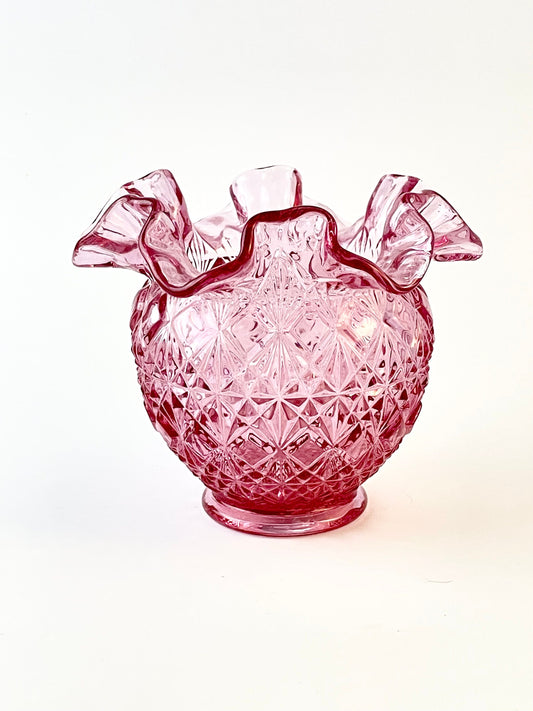 Fenton Lavender Pink Bowl Vase with Sticker, Diamond Pattern, Crimped / Ruffled Rim, Circa 1990s