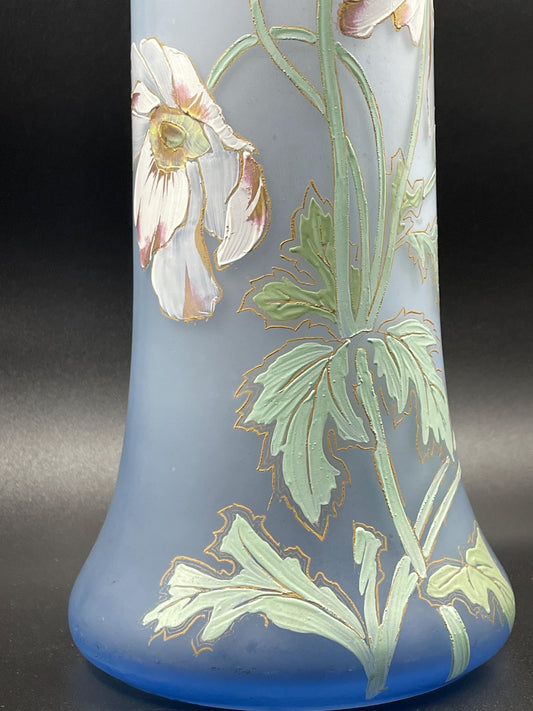 Antique French Legras Handpainted Floral Periwinkle Blue Satin Glass Vase 14"