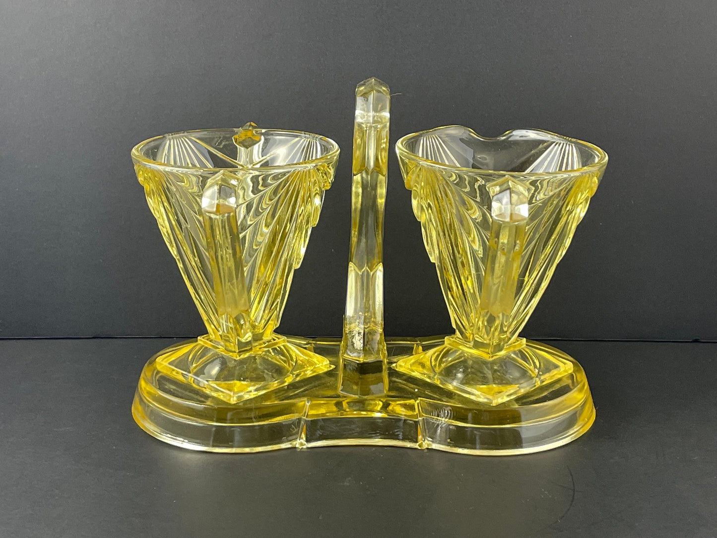 Indiana Glass Art Deco Pyramid Creamer Sugar with Tray Yellow Depression Glass 1926-1932