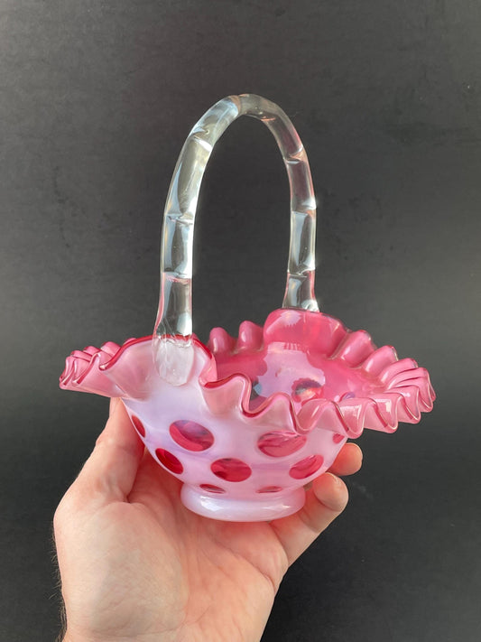 Fenton Cranberry Coin Dot Basket 7" #1437 Crimped Rim