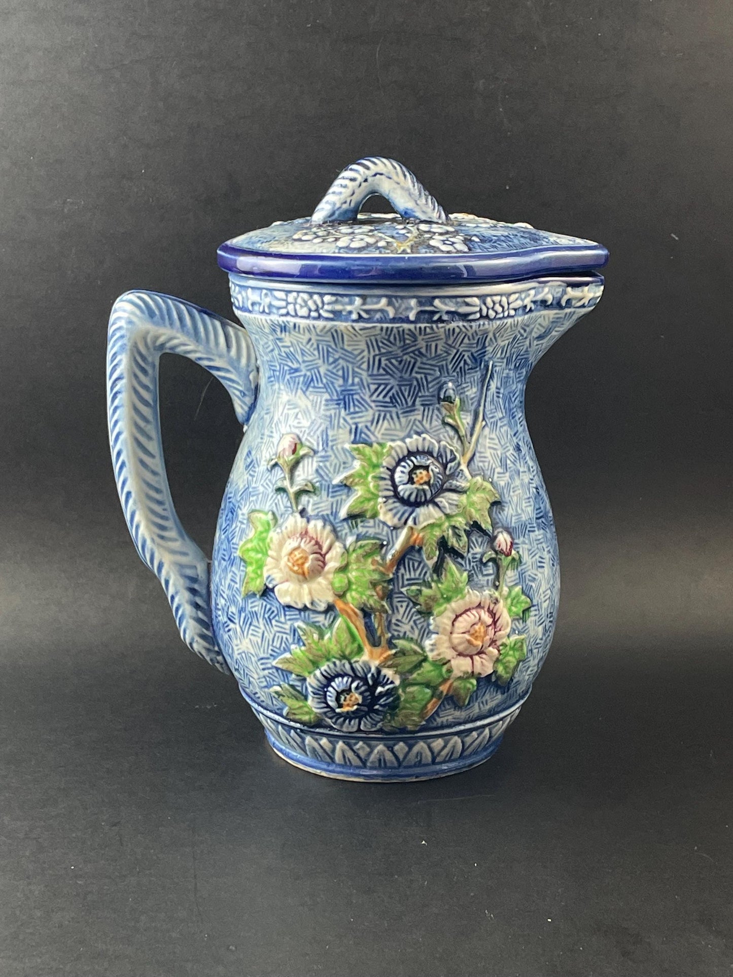 Japan Hand-painted Majolica Lidded Pitcher/Jug With Florals and Birds