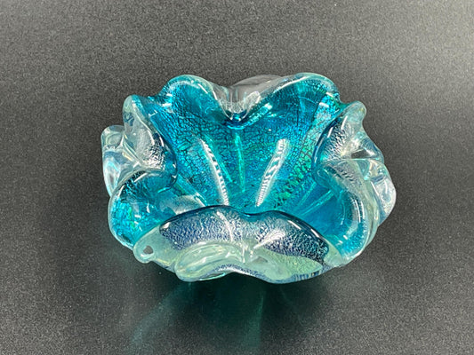 Small Italian Murano Silver Aventurine Aqua Blue Ashtray Trinket Dish