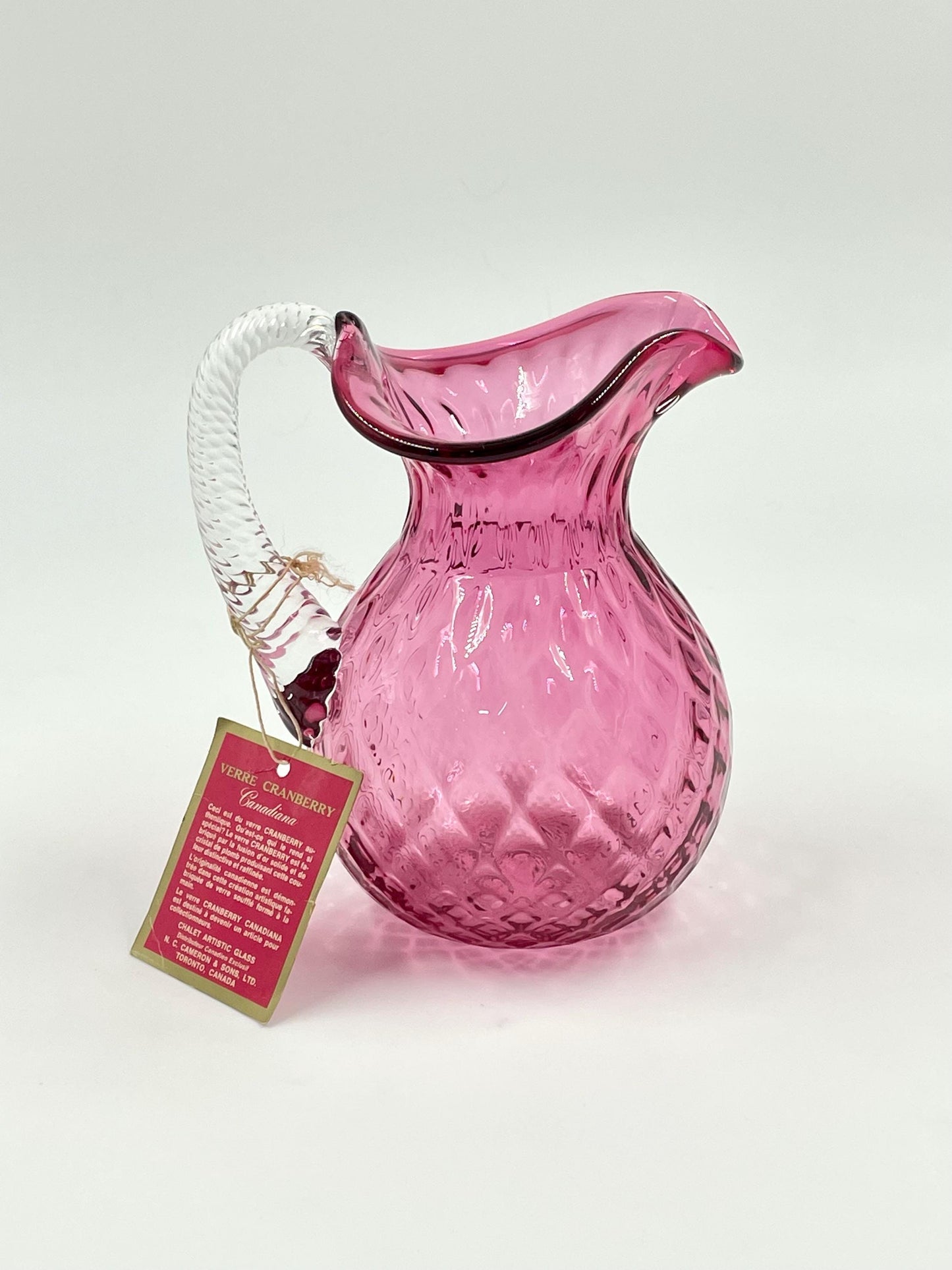 Chalet Cranberry Pitcher Diamond Optic Pattern, Canadiana Collection, With Original Swing Tag, Circa 1962-1975