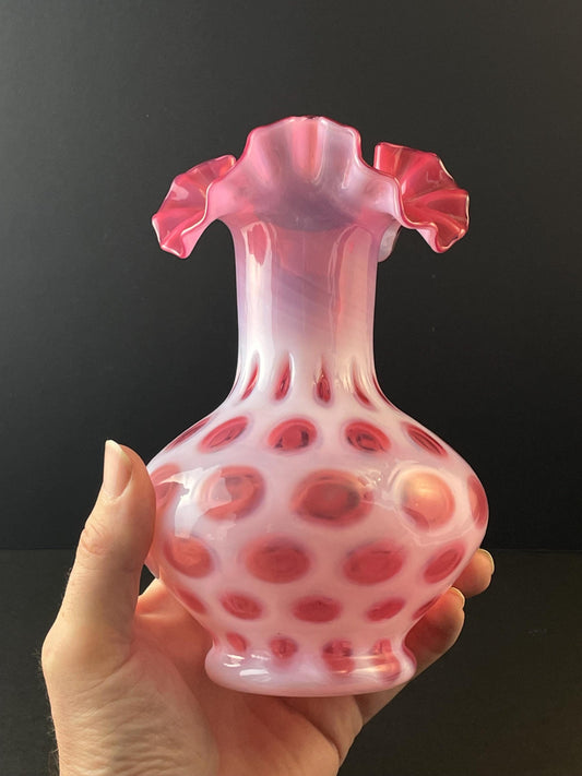 Fenton Cranberry Coin Dot Vase 7-1/4" #1457 Crimped Ruffled Rim
