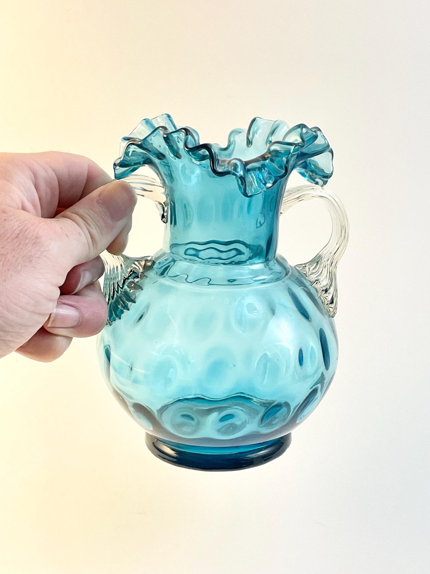 Handblown Double Handled Aqua Blue Inverted Coin Dot Vase