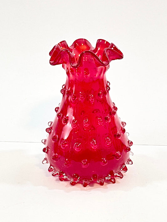 Empoli Red Hobnail Ruffled Rim Vase 6”, Toscany Zena Early American Collection