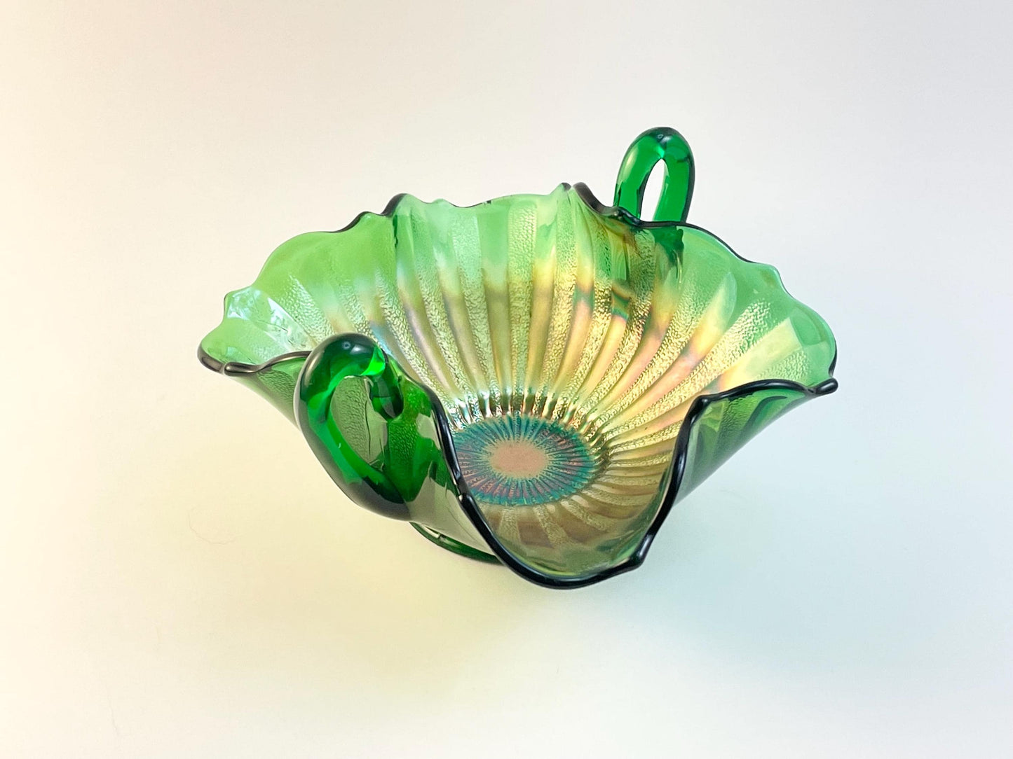 Fenton Stippled Rays Green Carnival Candy Dish