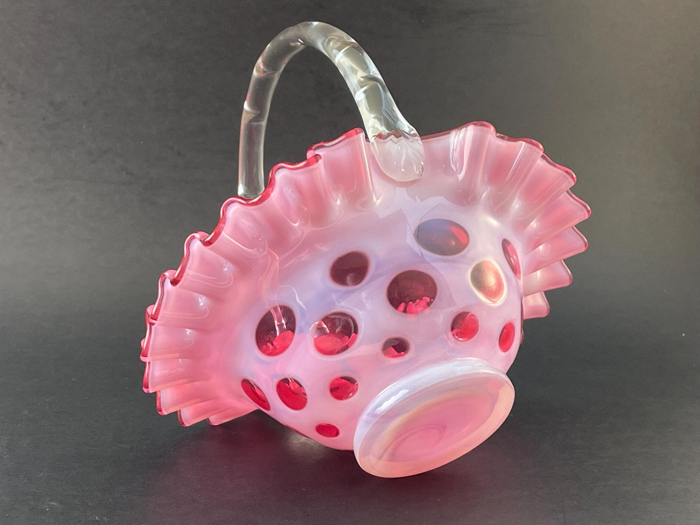 Fenton Cranberry Coin Dot Basket 7" #1437 Crimped Rim