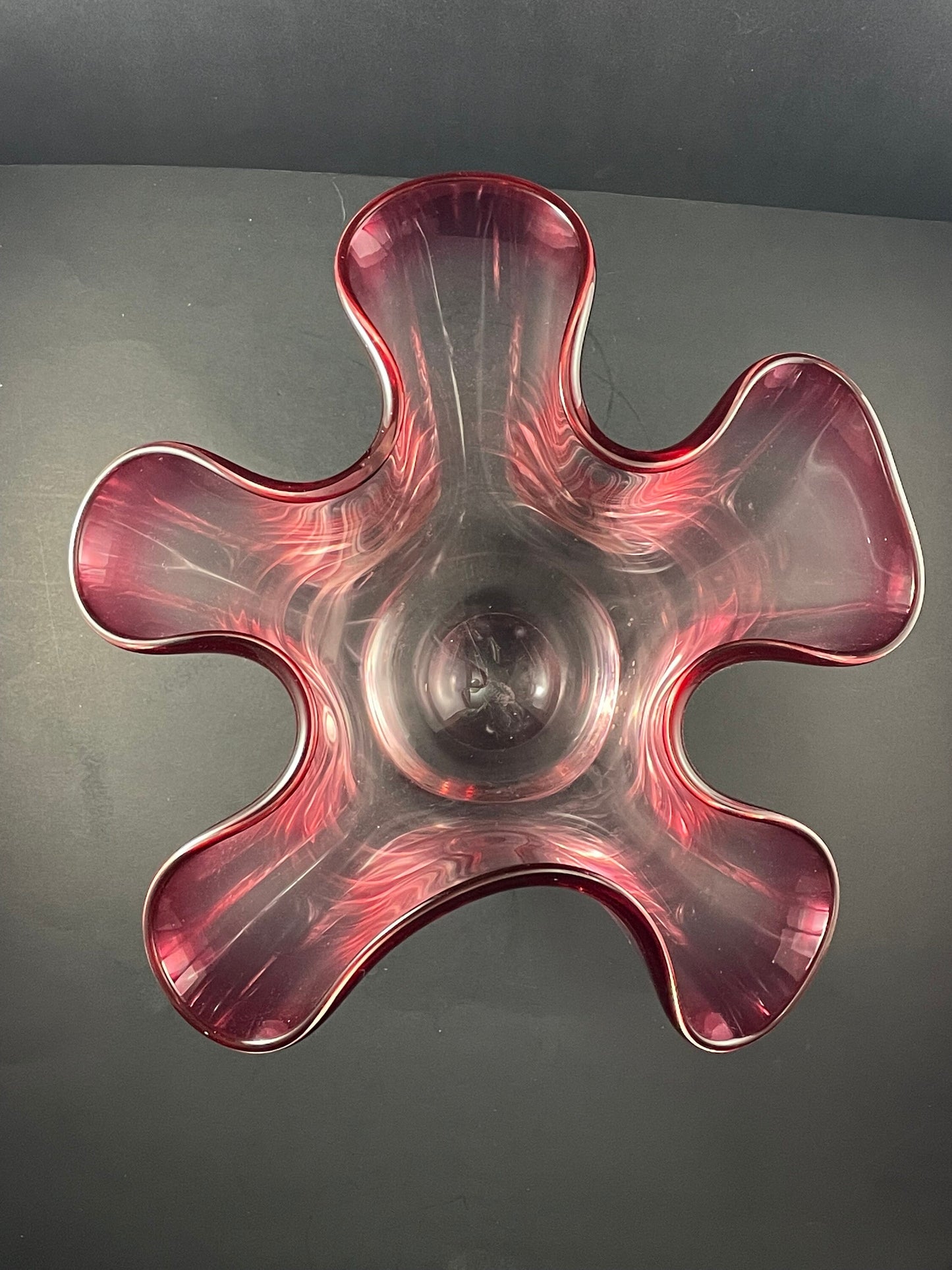 Large Chalet Cranberry Hankerchief Fazzoletto Vase, Etched Chalet Art Glass Vase, 1960s