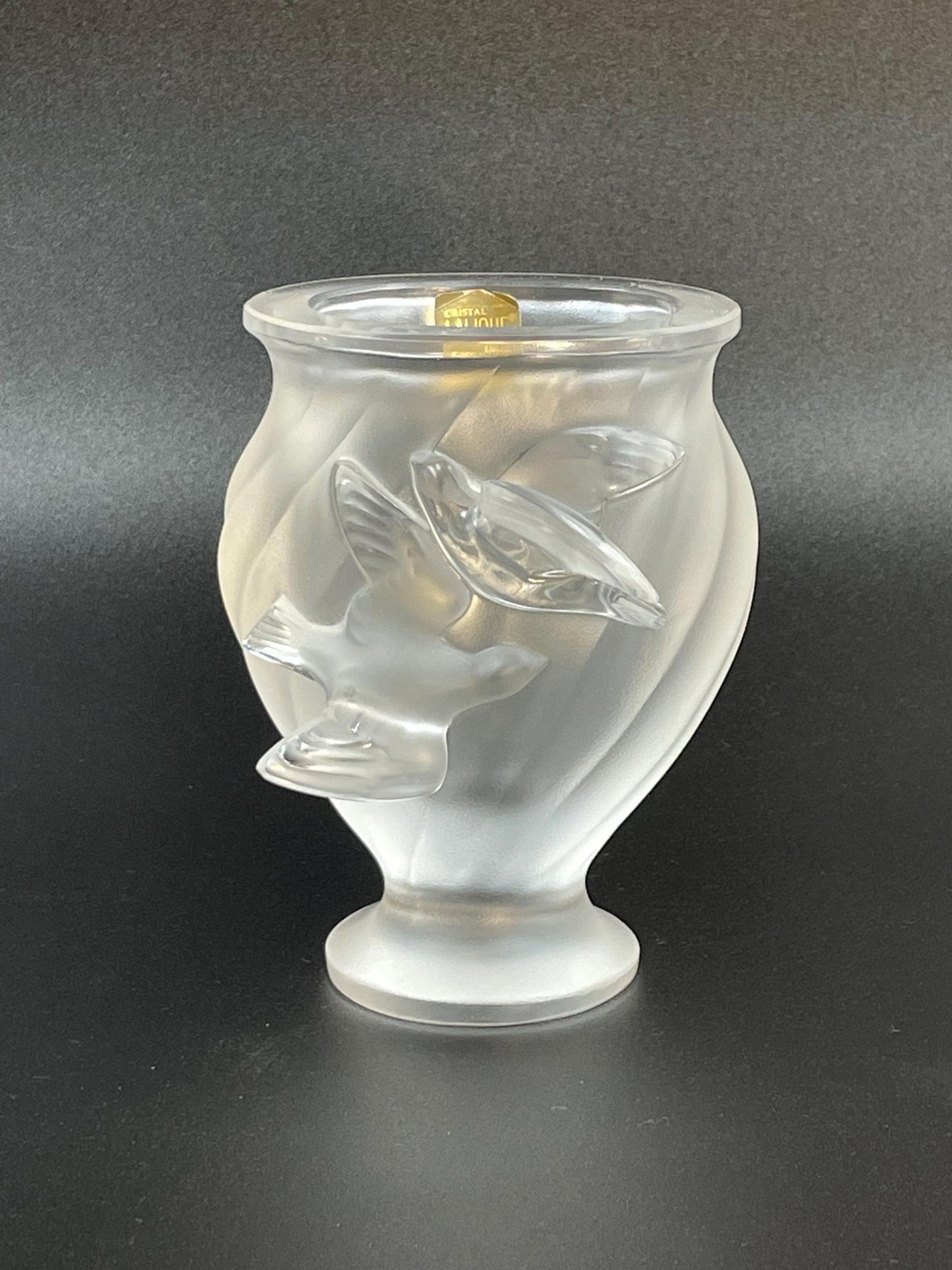 Lalique "Rosine" Flying Doves Frosted Crystal Vase, Signed Lalique (R) France With Sticker