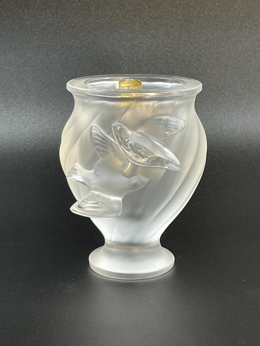 Lalique "Rosine" Flying Doves Frosted Crystal Vase, Signed Lalique (R) France With Sticker