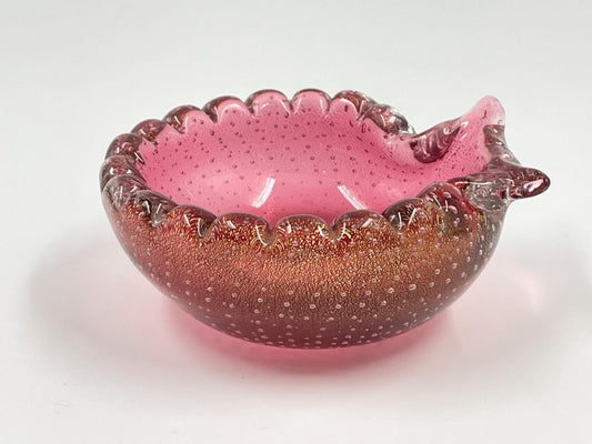 Small Murano Cranberry Candy Trinket Dish, Italian Bullicante Aventurine Art Glass