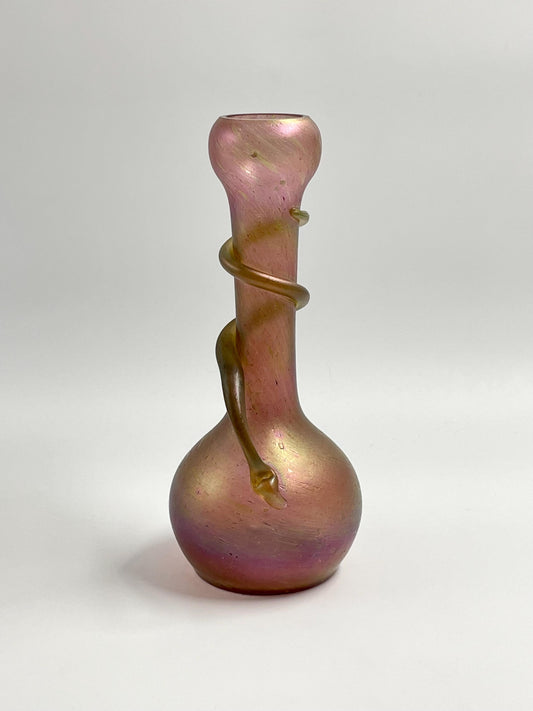 Antique Rindskopf Iridescent Pinkish Gold Snake Vase, Bohemian Czech Art Glass
