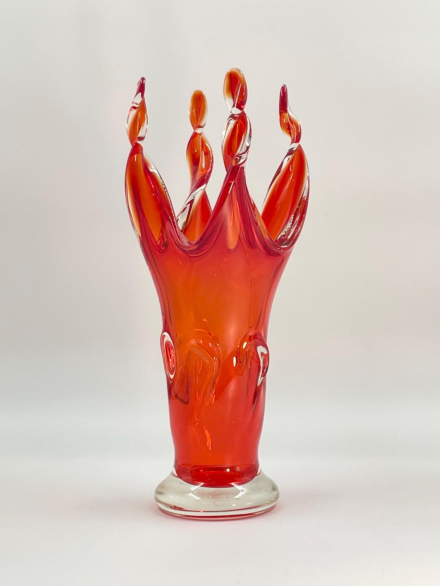 EDAG Reddish-Orange 14-1/8" Twist Vase, Vintage Canadian Art Glass, EDAG Montreal Quebec 1964-1978