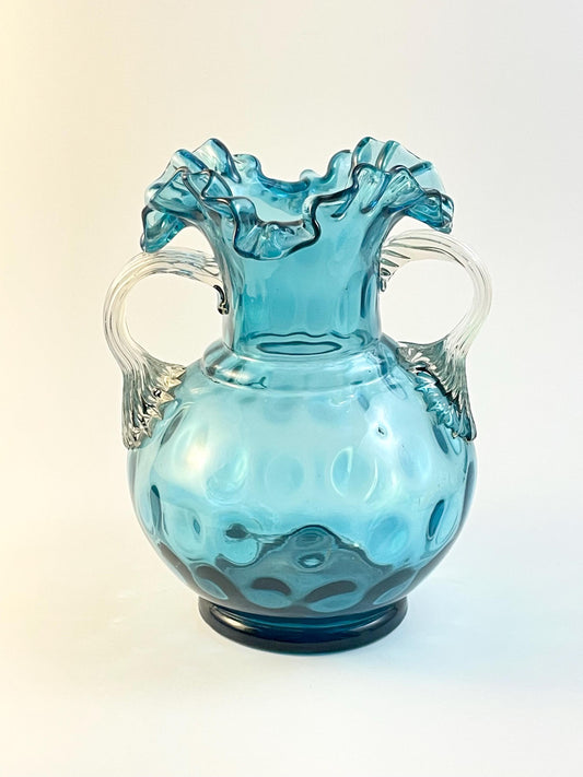 Handblown Double Handled Aqua Blue Inverted Coin Dot Vase