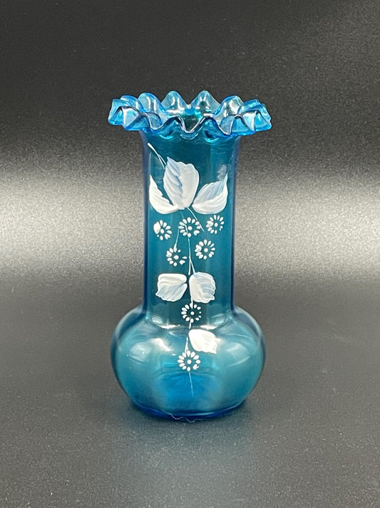 Antique Handblown Glass Blue Paneled Vase, White Enamel Floral Motif, Crimped Rim